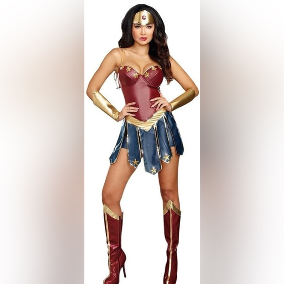Wonder Woman Justice League Costume+ 1 Headband & 2 Arm Bands. Shorts are under. - Picture 1 of 10